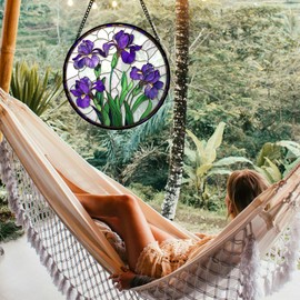JOSUMALY Stained Glass Window Hanging - Purple Iris Flower Sun Catcher for Door Terrace Garden Home Decor, Green Plants Suncatcher Birthday Gifts for Lovers Women Men Dad Mom Nana 9.8 in
