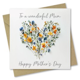 Mother's Day Card. Card for Mum. Heart of Flowers Design. Mothers Day Card with matching Envelope. Size 148x148mm when folded.