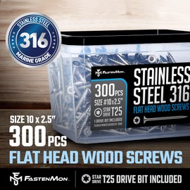 FM FastenMon #10 x 2-1/2" Marine Grade Type 316 Stainless Steel Wood Screws - 300 Pack with T25 Bit – Torx Flat Head Type 17 Point Ideal for Decks, Fences, and Coastal Construction