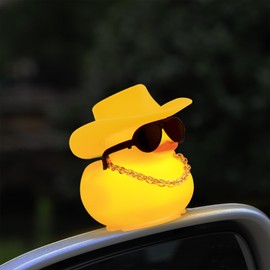 wonuu Yellow Rubber Duck with Light Glowing Rubber Ducks, Car Accessories Ornament Dashboard Decoration Home Decor with Sunglasses Necklace Cowboy Hat, Yellow