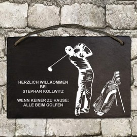 Slate Board Approx. 21 x 29 cm Engraved with Golf Player and Golf Bag, Desired Text and Name, Slate Plate Door Sign Golfer