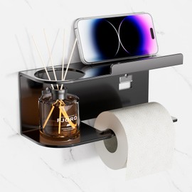 Toilet Paper Holder Wall Mount - Strong Adhesive or Screw Mount Bathroom Toilet Paper Holder with Shelf- SUS304 Stainless Steel Tissue Roll Storage - Holds Phone, Reed Diffuser(Matte Black)