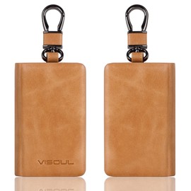 VISOUL Leather Car Key Fob Case Holder for Men and Women, Car Smart Keychain Protector Cover with Metal Hook and Keyring, Key Zipper Case for House Keys (D01-Tan)