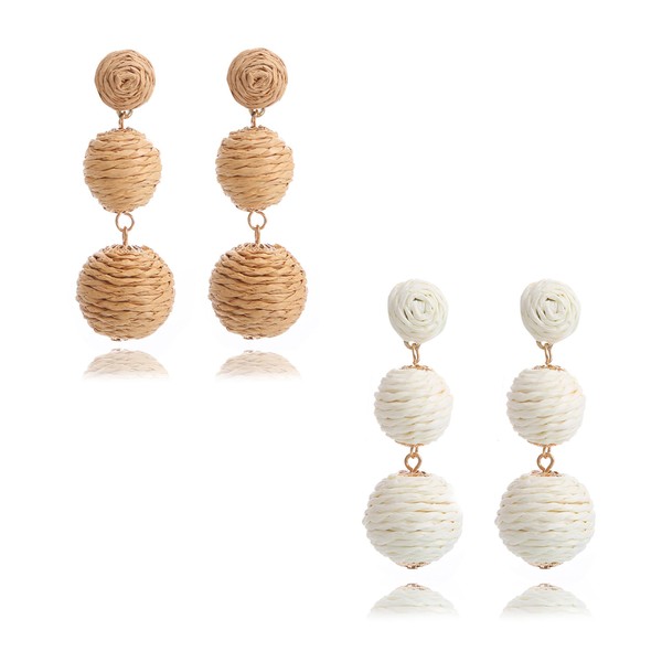 4 Pairs Handmade Raffia Rattan Bohemian Round Drop Dangle Earrings