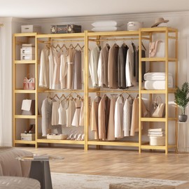 Homykic Bamboo Clothes Rack Garment Rack for Hanging Clothes, Heavy Duty Clothing Rack with 7 Tiers Adjustable Shelves, Double Rods, 4 Hooks, Freestanding Closet System Organizer Wardrobe, Natural