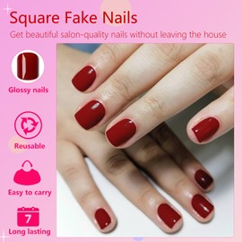 AddFavor Dark Red Press on Nails Short Square Fake Nails, 240pc Short Nails Press ons 12 Sizes Squoval False Acrylic Nail Stick on Nails for Women