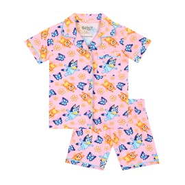 Bluey Pyjamas | Button Up Girls Pyjamas | Summer Short Pjs For Girls | Pink | 5-6 Years