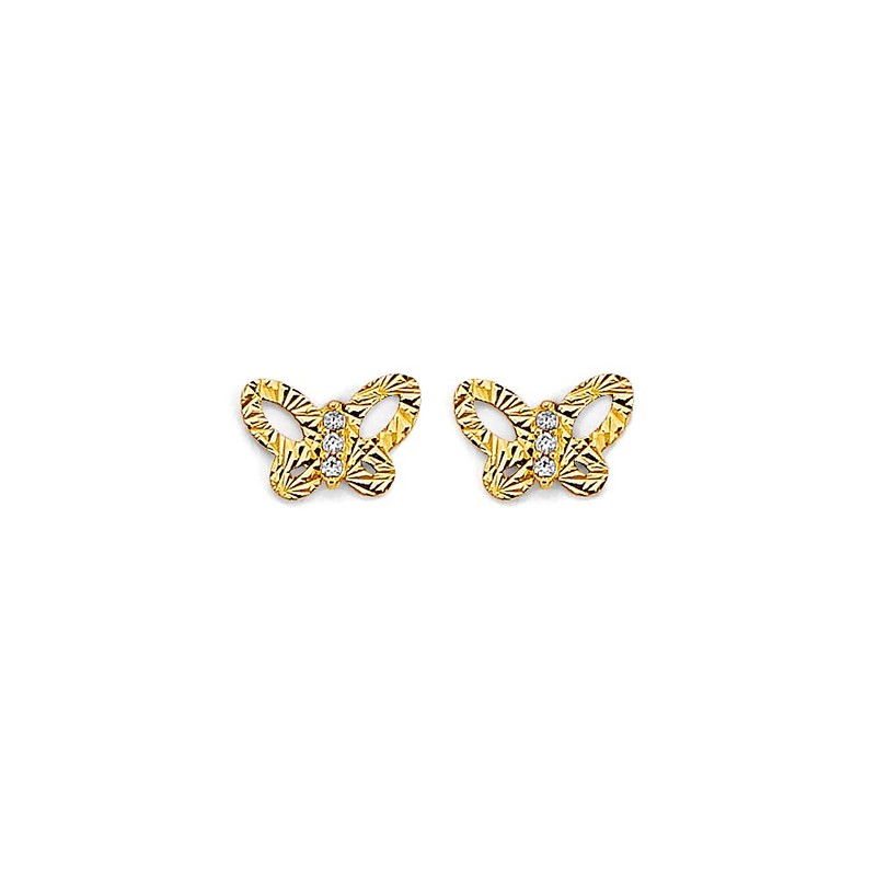 14k REAL Yellow Gold Diamond Cut Butterfly Stud Earrings with