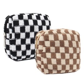 FFpaw 2 Pieces Makeup Bag Pouch, Mini Checkered Cosmetic Bag Travel Toiletry Bag Organizer Cute Cosmetic Pouch Makeup Case Makeup Brushes Aesthetic Accessories Storage Bag for Women (Brown+Black)