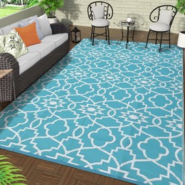 GAOMON Outdoor Area Rug 9x12 UV-Resistant Outdoor Plastic Straw Rug, Easy Cleaning Waterproof RV Mat, Modern Reversible Camping Carpet for Patio, Porch, Deck, Beach, Balcony, Teal/White(Floral)