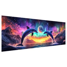 Zariocy 5D Large Diamond Painting Kits Aurora Dolphins, DIY Painting with Diamond Art Scenery Round Full Drill Crystal Diamond Embroidery Painting Crafts for Home Office Wall Decor 30 x 80 cm