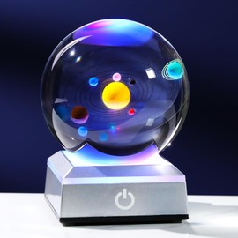 3D Crystal Solar System Ball 3.15inch with Silver LED Base, Astronomy Gifts Science Cosmic Room Decor, Universe Plants Gifts for Astronomy Lovers Physics Science Night Light Planet Lamp