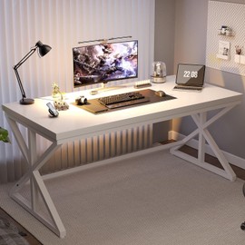 IBF Modern White Computer Desk, Industrial Long Home Office Desk for Student, Large Metal Wood Writing Study Work Desks, Farmhouse Executive Gaming Computer Table for Bedroom Living Room, White, 60 In