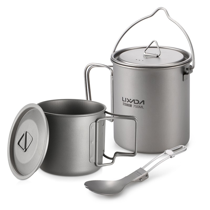 Lixada Lightweight Titanium 3 Pieces Set Titanium 750ml Pot 350ml