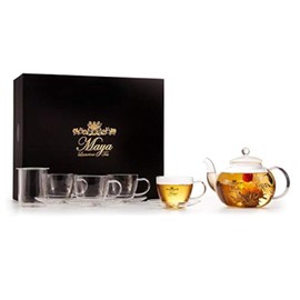 Maya Luxurious Tea Accessories Box Set With Glass Teapot (40 oz.), Infuser, 4 Teacups, and 4 Saucers for Blooming & Loose Leaf Tea and Tea Bags :: Made of Durable Borosilicate Glass