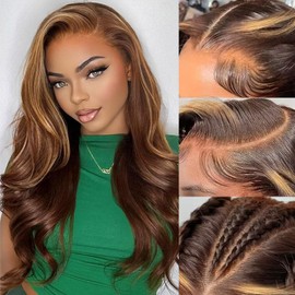 GUIGUZIN Chocolate Brown Lace Front Wigs Human Hair 9x6 HD Blonde Highlight Lace Frontal Wig Human Hair 180% Density Body Wave Glueless Wig Pre Plucked Pre Cut (Brown Blonde, 26 Inch)