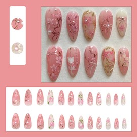 24Pcs Sping Summer Press on Nails Long Almond Fake Nails Flower False Nails Floral Leaf Gold Edge Cute Cat Bow with Rhinestone Design Pearl Pink Glue on Nails Full Cover Artificial Nail for Women