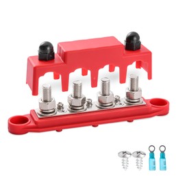 12V-48V DC Power Distribution Block 250A Bus Bar with 4 x M8 Posts Terminal Block with Cover for Automotive, RV, Boat, Yacht (Red)