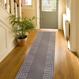 Custom Size Greek Key Design Gray Color Rubber Backed Non-Slip Hallway Stair Runner Rug Carpet 31 Inch Wide by Your Length 31in x 12ft