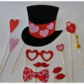 11 Pc Photo Booth Party Props Mustache on a Stick Valentines Day Hearts Top Hats