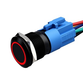Langir 19mm Latching Push Button Switch 12V DC Waterproof On Off Switch with LED & Pre-Wired Harness 1NO1NC Self-Locking(Black Shell/Red Light)
