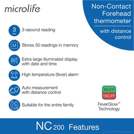 Microlife Infrared No Touch Digital Forehead Thermometer - Ideal for Kids, Baby & Adults, Backlit LCD Screen, Fever Alarm, Memories, Fast, Reliable and Accurate