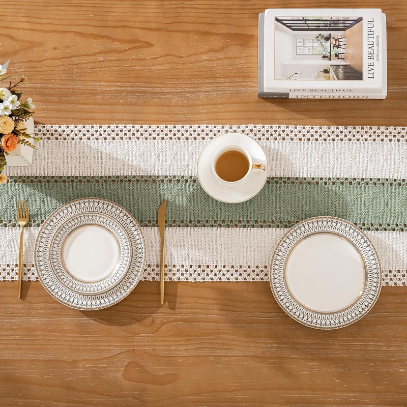 Boho Sage Green Cotton Linen Rustic Macrame Tassel Modern Kitchen