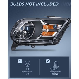 Nilight Headlight Assembly for 2010 2011 2012 2013 2014 Ford Mustang Pickup Truck Replacement Headlamp Black Housing Amber Reflector Driver and Passenger Side