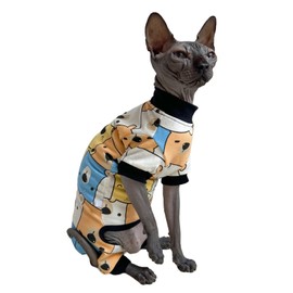 Sphynx Cat Four Leg Cotton Pajamas Elastic Pet Clothes for Hairless Cat Surgery Recovery Suit Cat Undershirt Thermal Hairless Cat Clothes for Sphynx, Devon, Cornish (Colorful Bear, M (7-7.7 lbs))