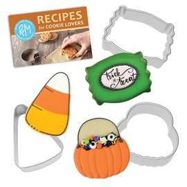 R&M Trick or Treat Cookie Cutters 3-Piece Set. Pumpkin Bucket, Candy Bar, Candy Corn with Recipe Card