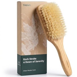 TRENFI Cepillo de pelo de paleta de cerdas de jabalí 100% roble rojo para cabello fino y fino | Scalp Oil Distribution, Smoothing Finish, Root To Tip 