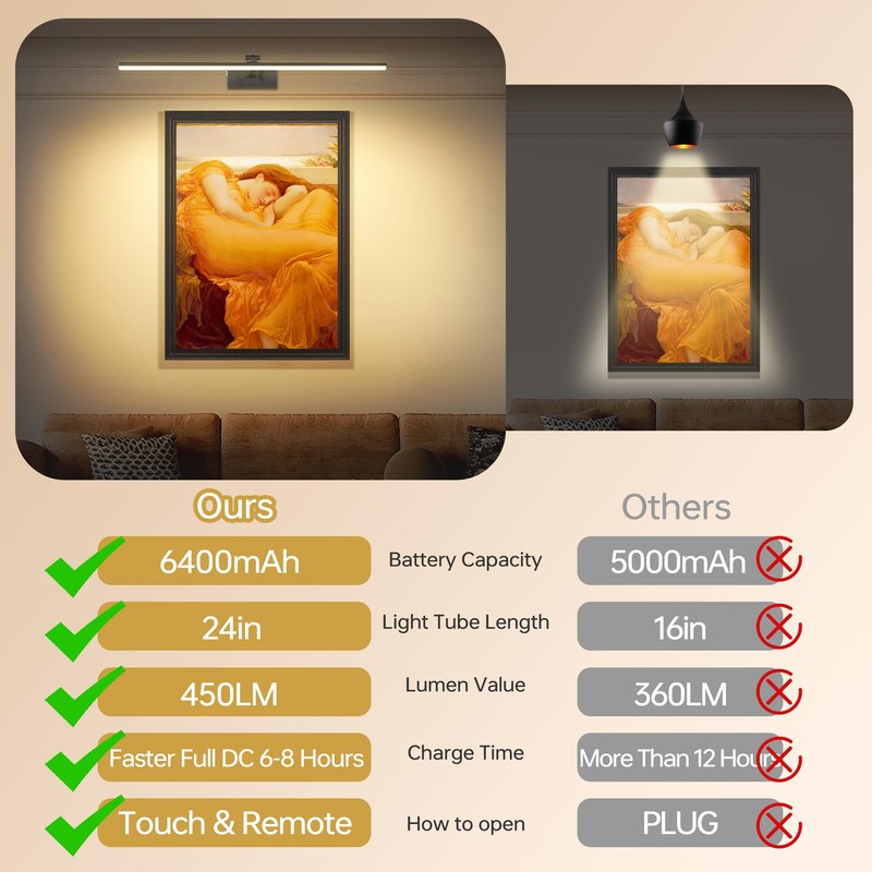 YQNLIFA 23.6 Inch Picture Light for Wall, 2 Pack 6400mAh