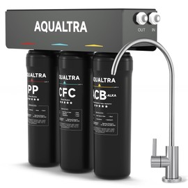 AQUALTRA USF-3F-10 Slightly Alkaline Under Sink Water Filter System, 8K-32K Gallons with Faucet, 0.5 μm Carbon Fiber Filter Reduces Chlorine, Chloramine, Fluoride, Bad Taste & Odor