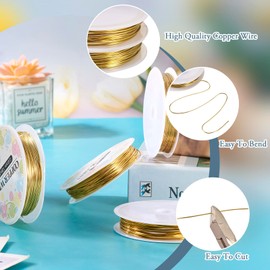 Pandahall - 4 rollos de alambre de cobre dorado resistente al deslustre, calibre 18/20/22/24, alambre de metal para manualidades, 4 tamaños, alambre de metal para joyería