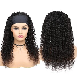 Headband Wig Human Hair Deep Wave Wig Women's Real Hair No Lace Human Hair Wig Wear and Go Glueless Wig for Black Women 150% Density Natural Colour 20 Inches (50 cm)