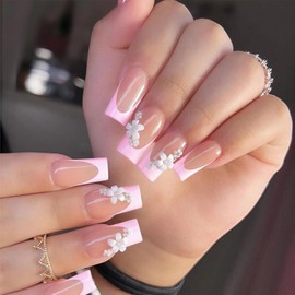 Virellay French Künstliche Nägel, Quadratisch Press on Nägel (Pink Flower, 24 Pcs)