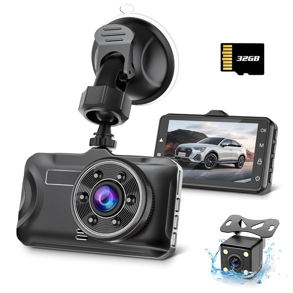 Vikyfly Dash Camera, Front and Rear Camera, 32GB Card Included, 1080P Full Sony Sensor, 170° Ultra Wide Angle, HDR/WDR Image Correction Technology, 3-inch LCD Screen, Night Photography, Parking