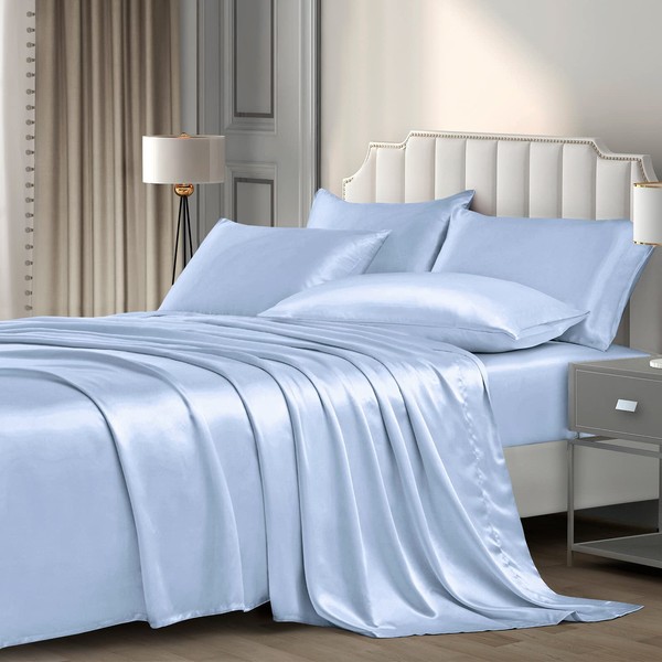 P Pothuiny 6 Pieces Queen Satin Sheets Luxury Baby Blue