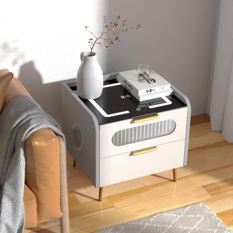 Smart Nightstand with Safe, Two-Drawer Multifunction LED Nightstand Modern End