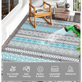 COZYLOOM Outdoor Rug Carpet Waterproof 9x12 ft Reversible Patio Rug Outside Plastic Carpet, Stain & UV Resistant Portable RV Mat Straw Rug for Camping, Backyard, Deck, Picnic, Porch, Blue/Grey