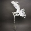 ILOVEMASKS Half Moon Side Feather with Stick White Masquerade Ball