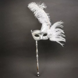 ILOVEMASKS Half Moon Side Feather with Stick White Masquerade Ball Party Mask