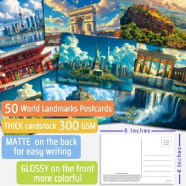 WAKLYVER 50 Illustrated World Landmark Postcards, Around the World Destinations in Vintage Art Style, Global Cities and Famous Sites, 6x4 Collectible Postcard Set for Travelers and Collectors