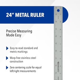 Westcott ZC-24 Zero Center - Regla de metal de acero inoxidable con base de corcho antideslizante, 24 pulgadas, cromo