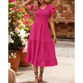 BTFBM Women Casual Summer Short Ruffles Tiered Sleeve Smocked Midi Dresses Bohemian Floral V Neck Wedding Guest Long Dresses（Solid Rose Red,Small