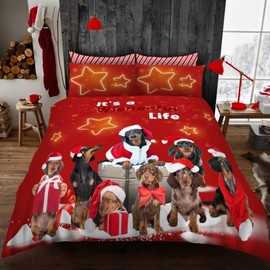 VELVETIO Xmas Dogs Duvet Cover Set with Pillowcase, Soft Printed Christmas Bedding Bedset Single, Warm & Cosy Reversible Animal Comforter Coverlet, Multi