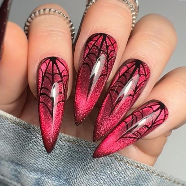 Stiletto Nails, Glitter Sparkle Red and Black Lace Pattern, Long