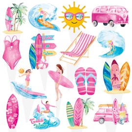 48Pcs Vintage Surfing Surfboard Cupcake Toppers Summer Surfing Birthday Party Decorations for Girls Pink Surfer Surf Van Surfboard Theme Cupcake Toppers for Summer Hawaii Surf Party Supplies