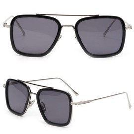 Retro Vintage Sunglasses Tony Stark Glasses Square Metal Frame for Men Women Goggle Classic Alloy Frame (Silver Frame Grey Lens)