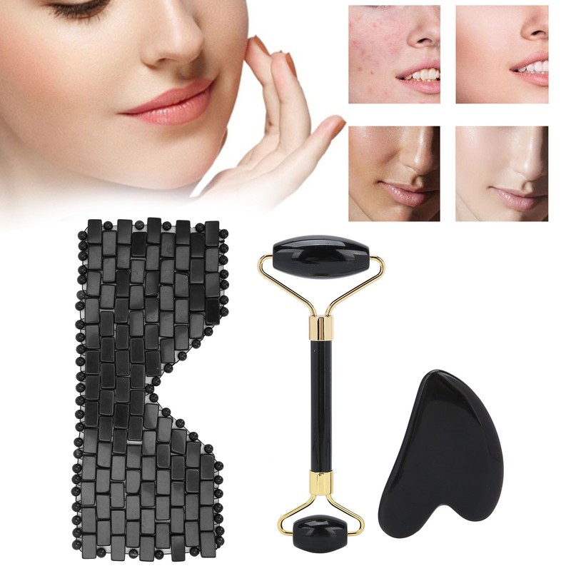 3pcs Obsidian Facial Roller Gua Sha Board Therapy Blindfold Beauty